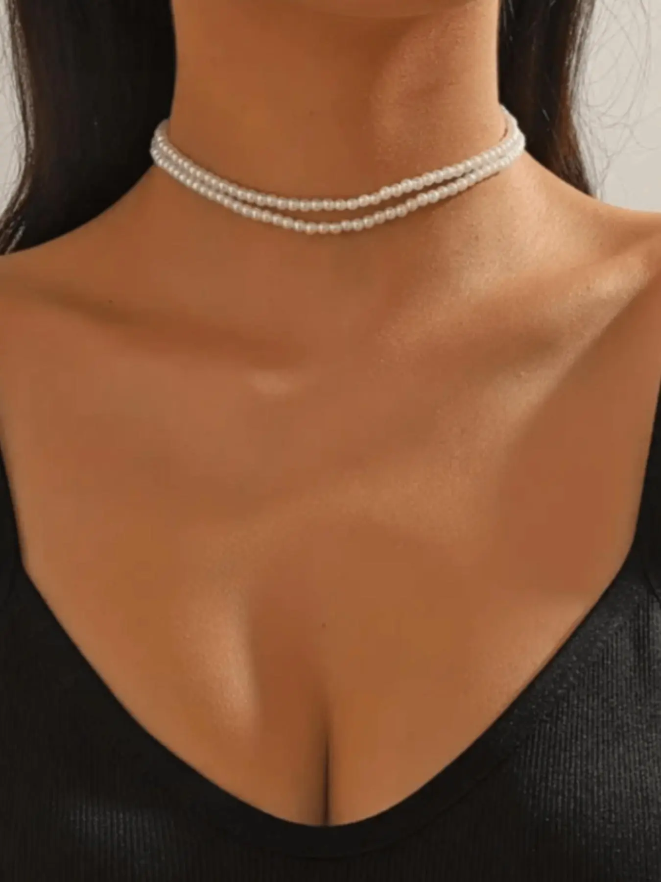 1 fashionable and elegant double-layer bead plastic imitation pearl short necklace choker neck accessory, perfect gift for ladies, Faux Pearl Jewelry