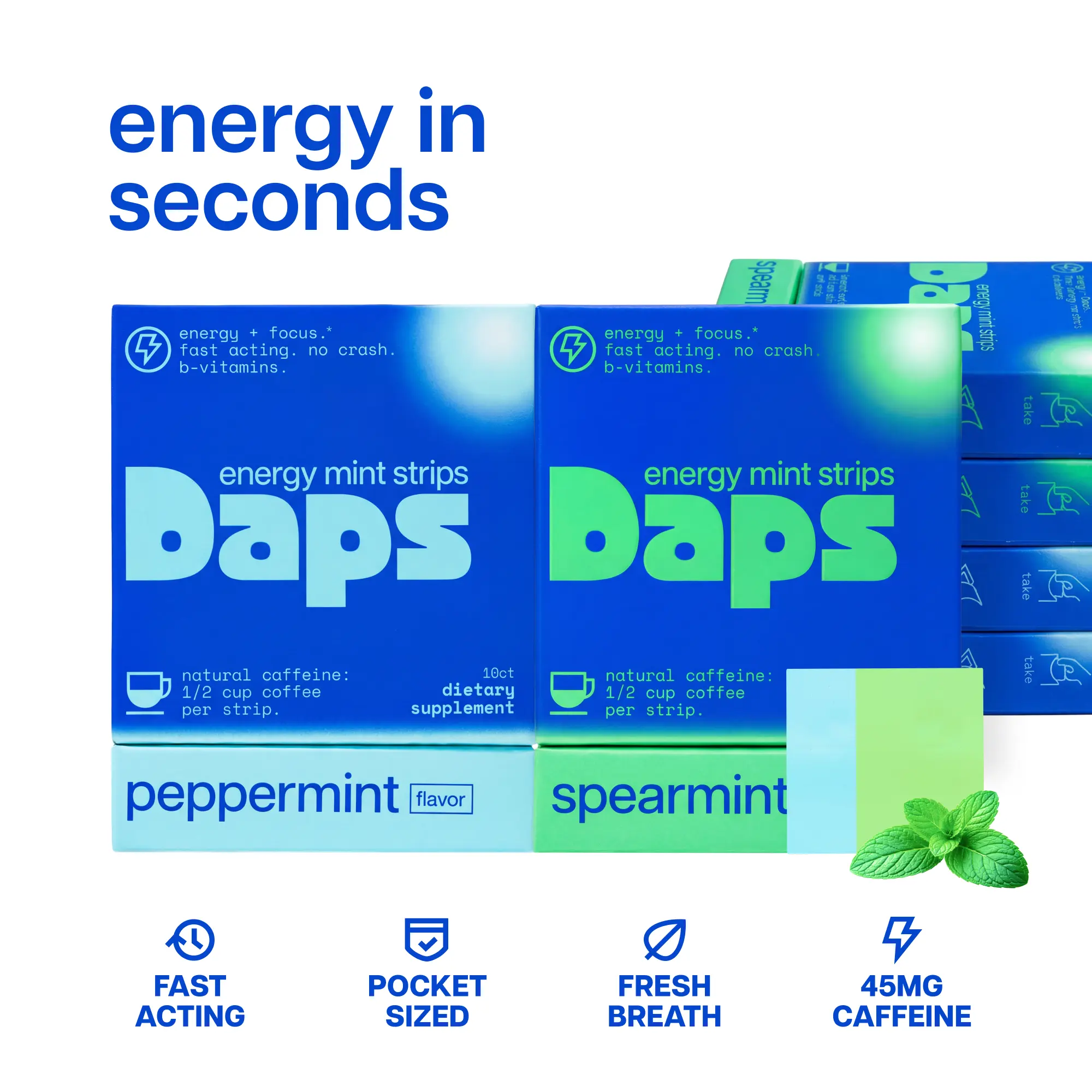 Daps Energy & Focus Fresh Mint Strips Energy Supplements 2-Pack (20 Strips) - 45mg Natural Caffeine, B6/B7/B12 Vitamins, Sugar-Free, Fresh Breath, Peppermint & Spearmint Flavors, Caffeine Chewing & Bubble Gum, Energy Boost Chewing & Bubble Gum