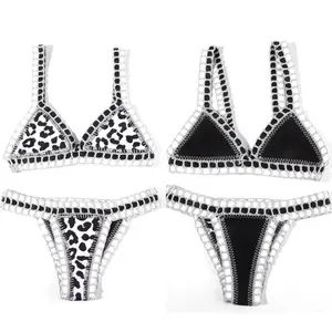 Reversible Leopard Handmade Crochet Bikinis Set Black Poolside Swimwear Blue Paisley Luxury Swimsuit maillot de bain femme