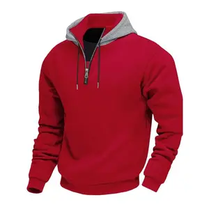 Men's Fall Winter Hooded Sweatshirt, Thick Fleece Lined, Half-Zip Stand Collar, Casual Loose-Fit Short Pullover, Hoodie Sweatshirt