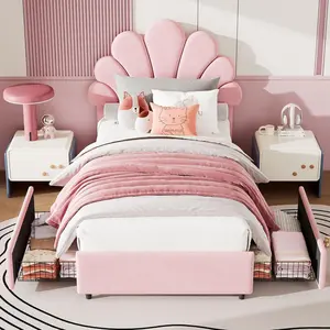 Twin Size Velvet Plush Upholstered Headboard Platform Bed Frame - 2 Storage Drawers, Solid Wood Slats Support, No Box Spring Needed, Quick Setup, Built-In Organizer