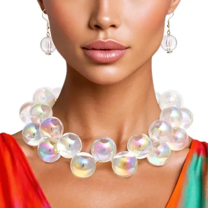 Bella Necklace Set - Clear Iridescent 20mm Beads with Gold Metal Spacers & Matching Earrings for Elegant Style