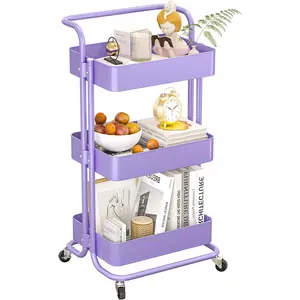 Metal Rolling Storage Cart, 3-Tier Utility Cart with Wheels, Multifunctional Organizer Storage for Kitchen, Bedroom, Office, Laundry Room, Dorm Room Essentials (Purple)