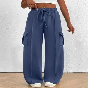 Plus Size  Solid Cargo Pants Drawstring Waist Elastic Waist Design with Pockets Casual Comfortable Trousers Soft Warm Fabric Suitable for Fall Winter Daily Wear Errands Shopping Casual Outings  Bottoms Women's
