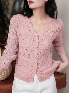 Women's Casual Knit Cardigan Sweater, Fitted Style, Spring & Fall Wear, Moderate Fabric Thickness, Comfortable Fit