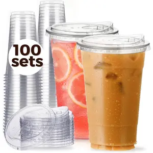 100 Pack 24 oz Clear Plastic Cups with Strawless-Sip-, Disposable Cups Plastic Iced Coffee Cups, To Go Cups with Sip Through  for Smoothie, Milkshake, Cold Drinks for Party, Wedding, Event