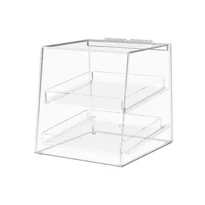 Pastry Display Bin with Door 10.25" x 11.5" x 11" for Baked Goods with 2 Removable Trays Clear Acrylic Countertop Pastry Bagels Muffins and Cupcakes Storage by 321 Plastics