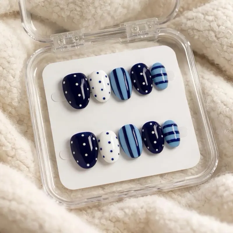 Navy Blue White Nautical Press On Nails – Polka Dot Stripe Summer Coastal Set