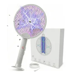 Portable Electric Fly Swatter Foldable Bug Zapper Racket, 2 in 1 Mosquito Killer for Gnats, Mosquitoes & More, Purple Attractant Light, USB Rechargeable with Standing Base & Charging Cable, 3-Layer Safety Mesh for Indoor, Backyard, Camping