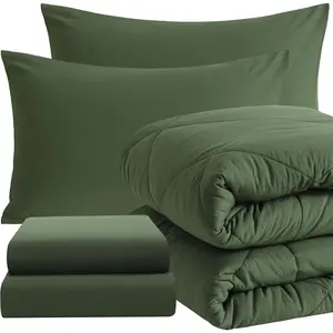 5 Pieces Soft Breathable Twin Bedding Set, All Season Solid Color Down Alternative Comforter Set with Sheets, Twin Bed in a Bag for Kids, Olive Green