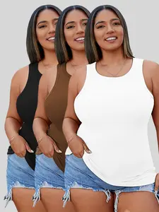 Summer Basic Round Neck Comfortable Fashion Casual Sleeveless Solid Color Tank Top, Versatile Large Size Women's Three-Piece Set