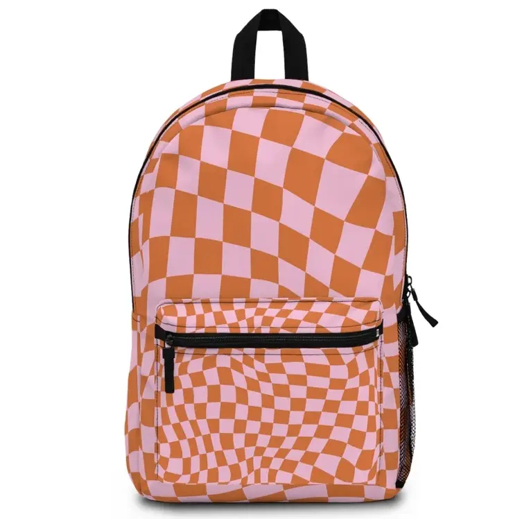 Pink and Orange Wavy Checkered Backpack With Name Tag Inside, Back to School, Tween Backpack, Kids Backpack, Trendy School Bag, Large Backpack