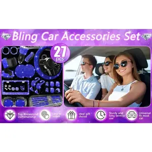27pcs Bling Car Accessories Set For Women Royal Blue 15 Inch Steering Wheel Cover Bling License Plate Frame Phone Holder Car Coasters LED Lights Universal Fit