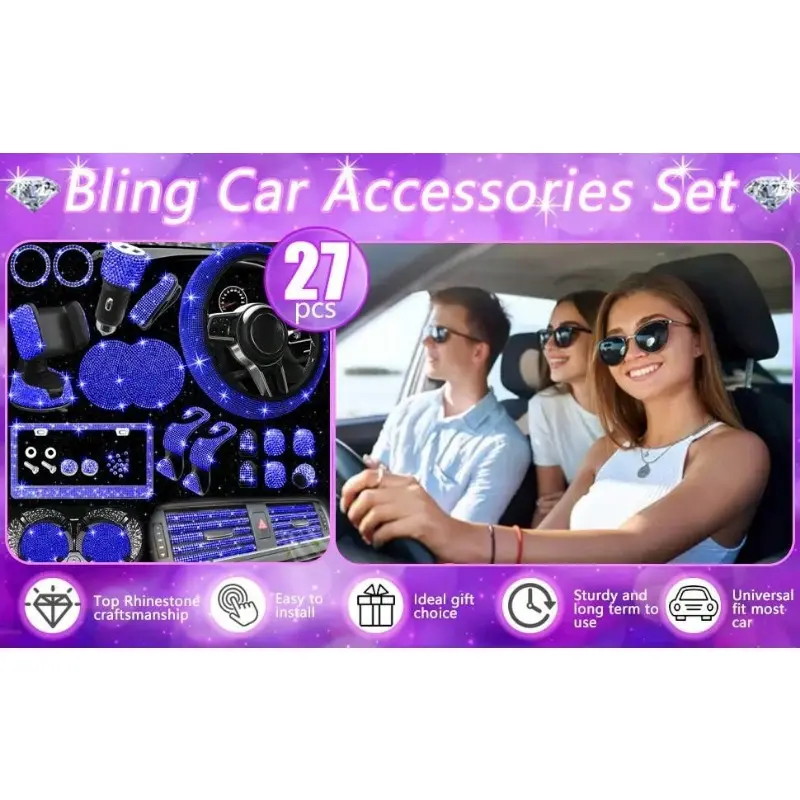 27pcs Bling Car Accessories Set For Women Royal Blue 15 Inch Steering Wheel Cover Bling License Plate Frame Phone Holder Car Coasters LED Lights Universal Fit