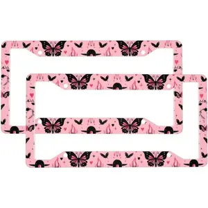 Pink Butterfly License Plate Frames for Women Men 2 Pack Universal Aluminum Car License Plate Cover Holders with 4 Holes and Screws Car Accessories Decorative ﻿