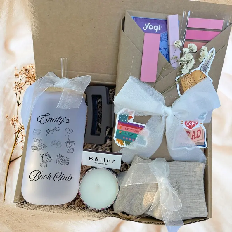 Personalized Book Lover Gift Box, Blind Date with a Book with Custom Book Club Glass Tumbler, Book accessories and Mystery wrapped Book Gift