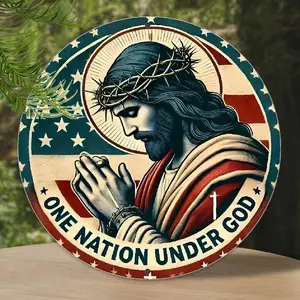 "One Nation Under God" Jesus-Inspired Patriotic Garden Sign |   8x8 Inch Round Aluminum Wall Art |   Outdoor Faith Decor for Yard, Home & Events |   Rustic Circular Metal Sign with Pre-Drilled Holes |   Perfect for Patriotic Displays & Spiritual Gifting