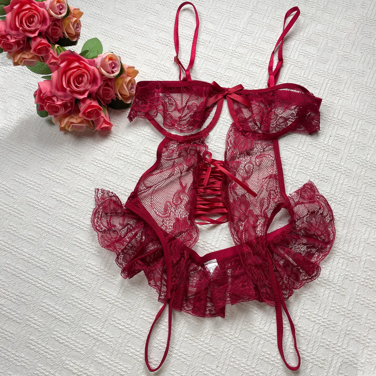 Floral Lace Open Cup Bodysuit with Underwire Support, Semi-Sheer Contrast Lace Teddy, Slim Fit Adjustable Straps, Elegant Cut-out One-Piece Intimate Outfit Aesthetic Elastane Knit Fabric