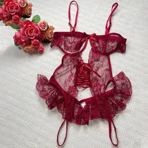Floral Lace Open Cup Bodysuit with Underwire Support, Semi-Sheer Contrast Lace Teddy, Slim Fit Adjustable Straps, Elegant Cut-out One-Piece Intimate Outfit Aesthetic Elastane Knit Fabric