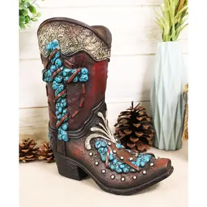 Rustic Western Turquoise Rocks Cross Scroll Art Flower Vase Planter Cowboy Boot