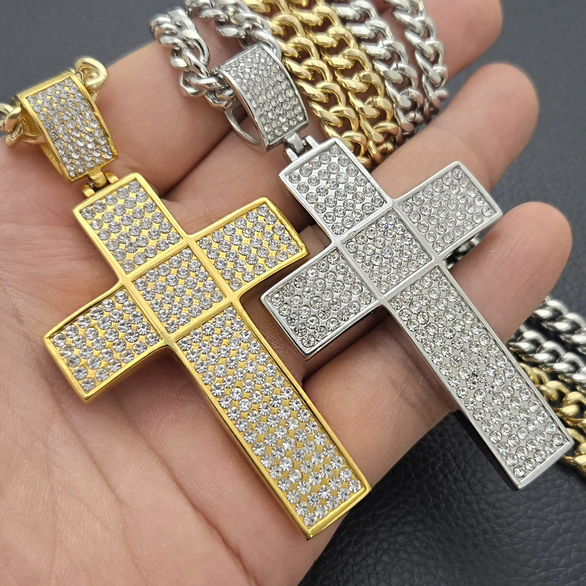 MaxBling81 Unisex Metal-Coated Stainless Steel Large Iced Cross Pendant with 6mm 24"-30" Cuban Chain Link Chain Jewelry Necklaces for Daily Fashion, Hip Hop Style
