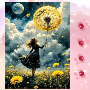 5D DIY Full Diamond Round Diamond Painting - Diamond Art Kit Dandelion, Clouds, Moon. Mosaic, Canvas - DIY Decoration Painting, Home Wall Decor, Suitable for Halloween and Christmas, Birthday and Anniversary Gifts.