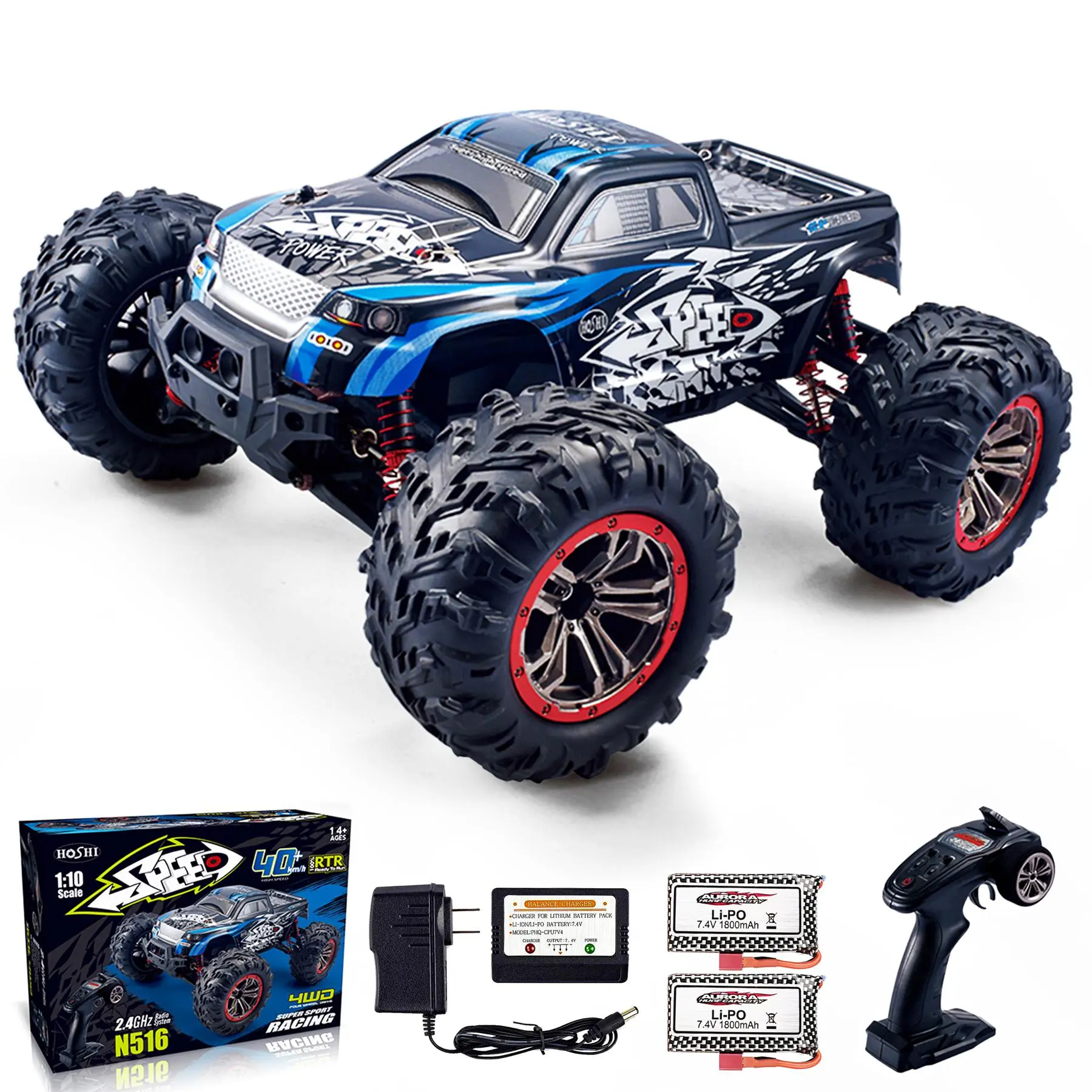 HOSHI N516 1/10 Scale RTR Fast Electric RC Monster Truck - 2.4GHz 4-Channel, 30 MPH Max Speed, 4WD Waterproof Off-Road, 12+ Years Above, Blue, 2x20 Mins 1800mAh Rechargeable Cells, Balance Charger, 3.37 lbs, Beginners-Friendly, Batteries Packed Separately
