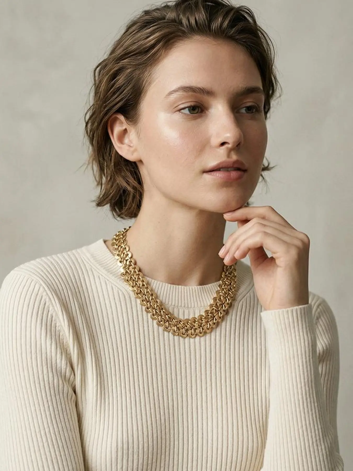 A vintage vintage vintage gold wide woven chain necklace with a full and wide collar design, featuring a vintage heavy texture, suitable for daily commuting, vintage dressing, or light party scenes.