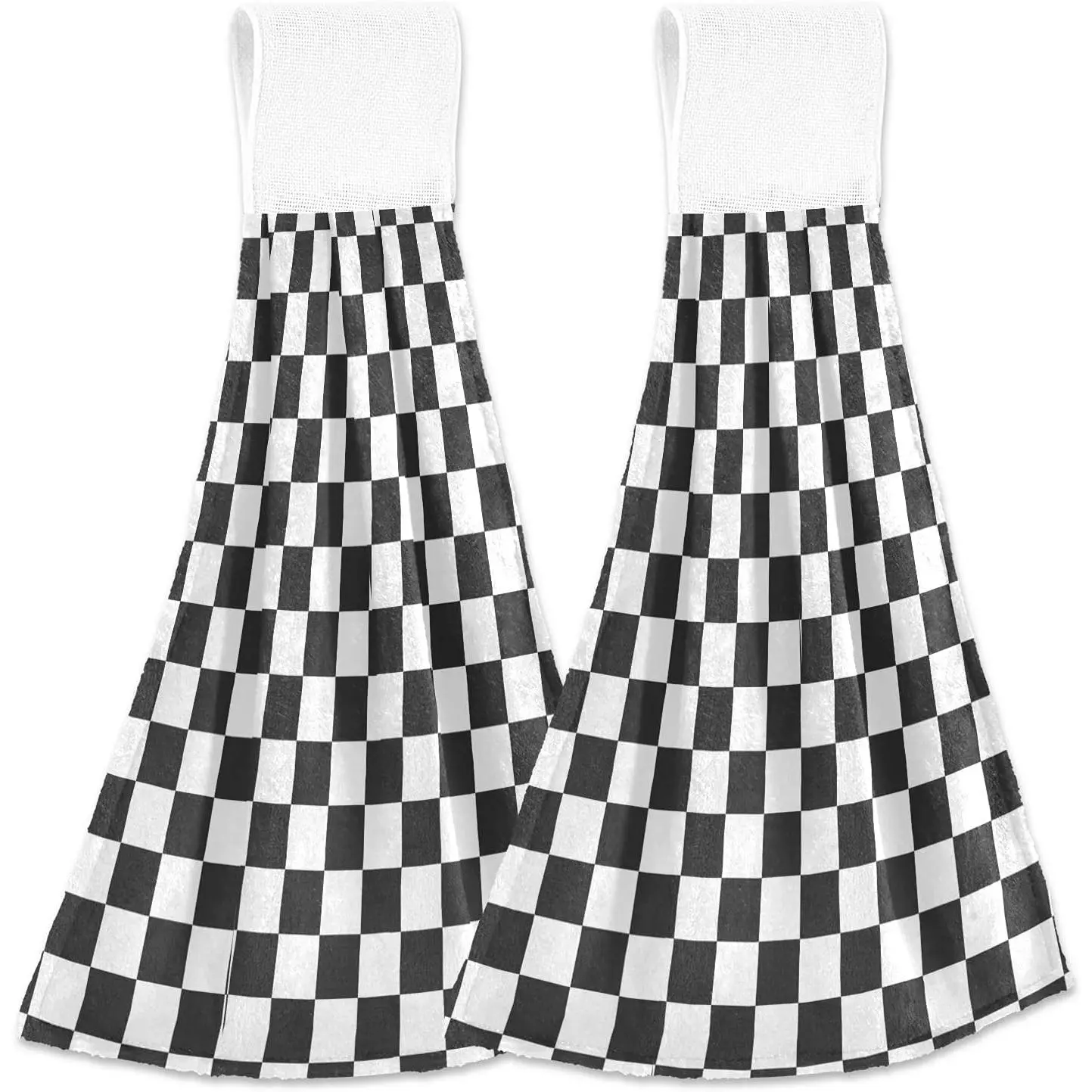 Dussdil Black White Checkered Kitchen Hanging Towel 14 x 18.2 Inch Plaid Lattice Hand Tie Towels Set 2 Pcs Tea Bar Dish Cloths Dry Towel Soft Absorbent Thin Durable for Bathroom Laundry Room Decor