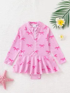 Girls' Striped Butterfly Print One-Piece Swimsuit, Quick-Dry Long Sleeve Bathing Suit, Beach Pool Swimwear, Resort Wear, Quick Drying Swimsuit, Swimsuit Style