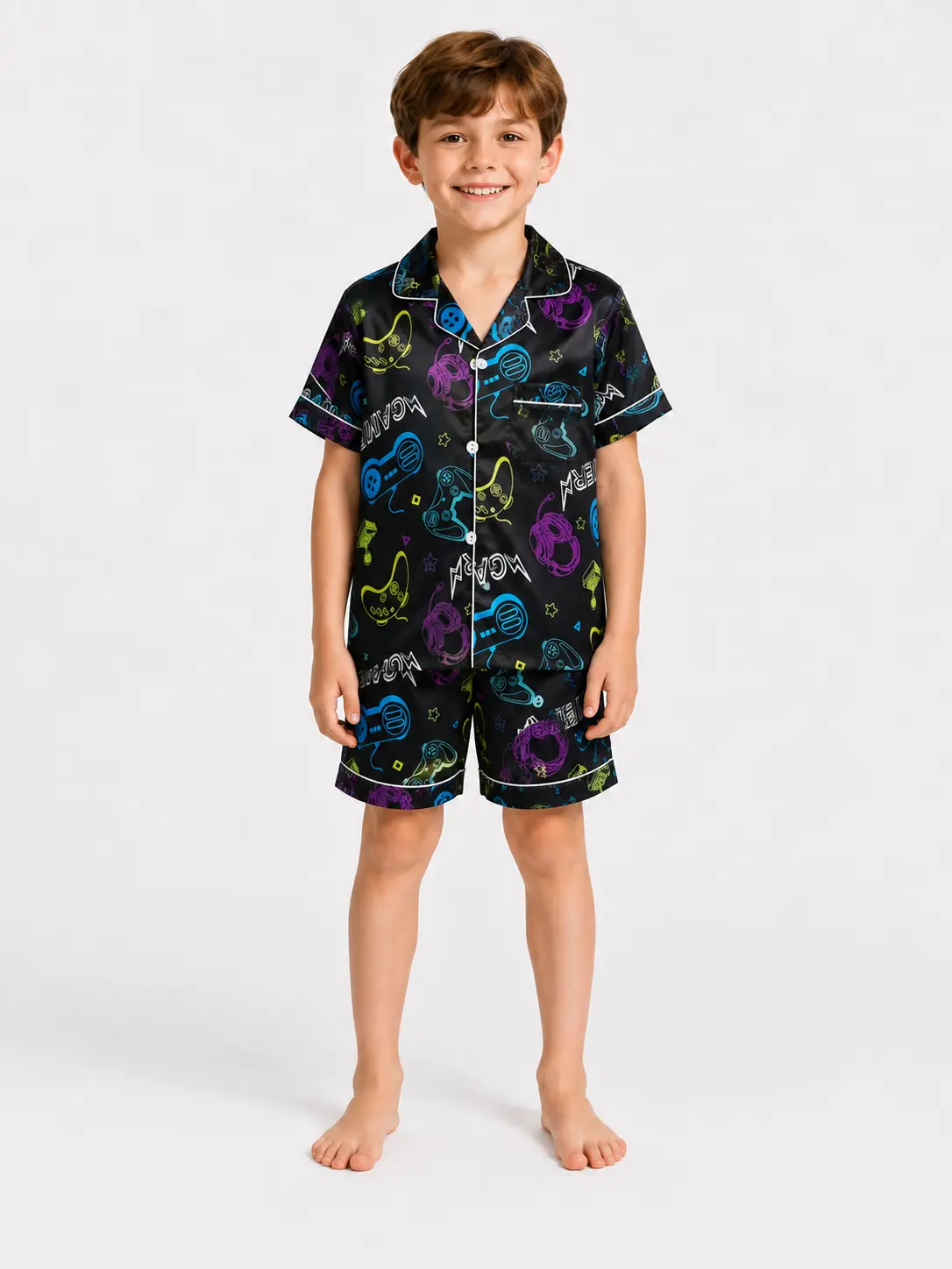 Boys Gamer Pajama Set, Gaming Controller Print Satin PJs, Short Sleeve Button Down Top & Shorts, 2 Piece Sleepwear for Kids Ages 5-14