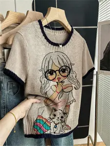 Cartoon Portrait Print Round Neck Sweater, Casual Short Sleeve Knitwear for Spring Summer Fall, Comfortable Warm Fitted Women's Clothing