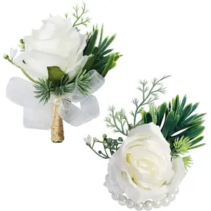 White Rose Wrist Corsages & Men's Boutonnieres for Wedding Ceremony-2 Pcs Set