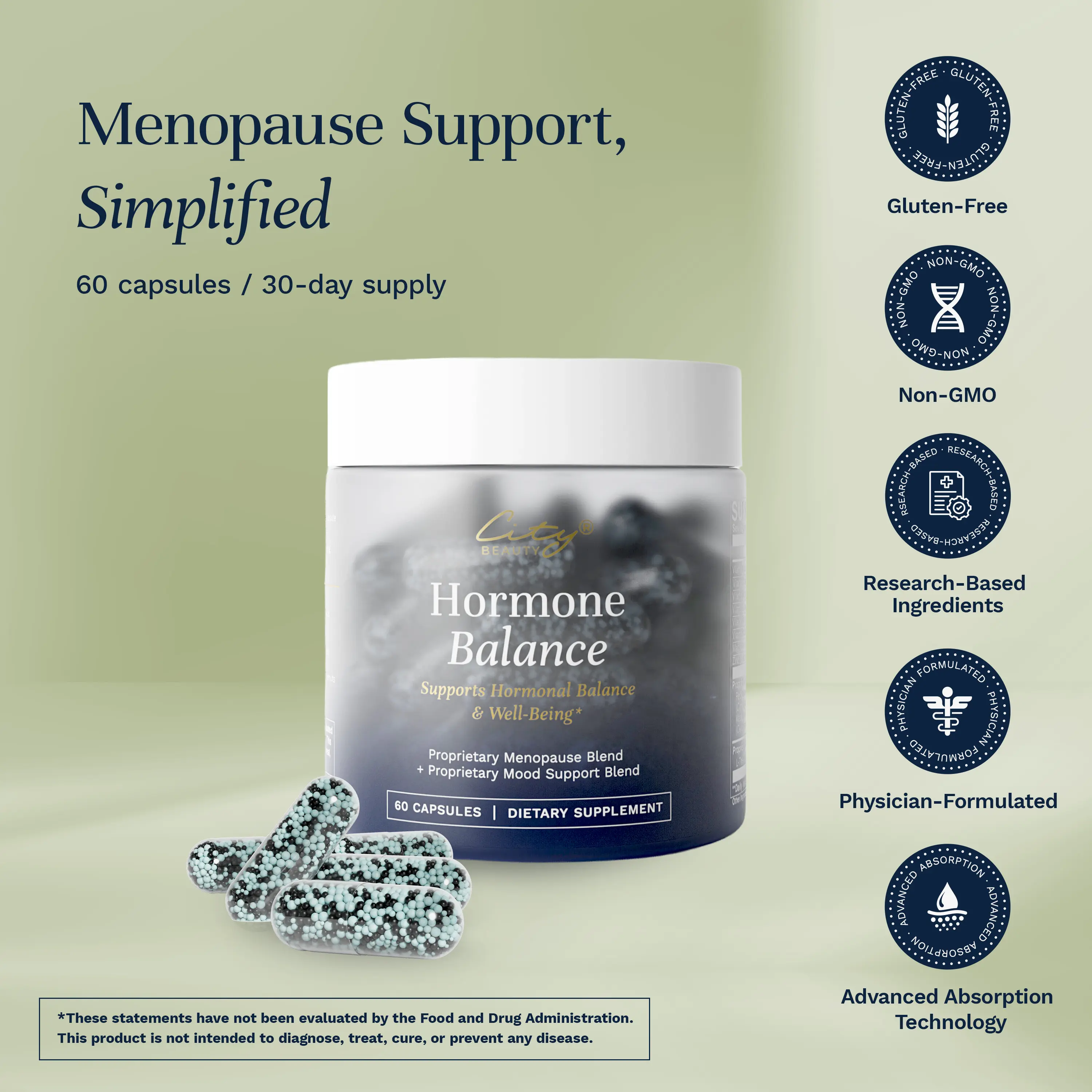 City Beauty Hormone Balance – Non-Hormonal Menopause Support Supplement for Hot Flashes, Night Sweats, Mood & Energy | Supports Sleep, Mental Clarity & Daily Balance | 60 Capsules (30-Day Supply)