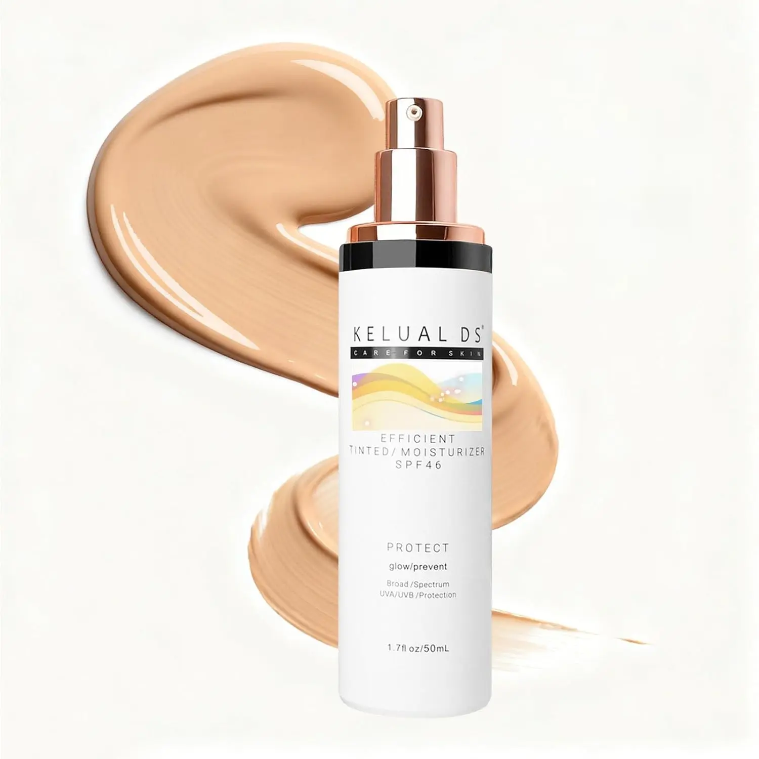 KELUAL DS Tinted Facial Moisturizer with SPF 46, Anti-Aging Sunscreen with Hyaluronic Acid for Radiant Skin, Sheer & Lightweight, 1.7 oz, Uv, Even Skin Tone, Spf Makeup, Bottle, Adults, Glow Routine, Cruelty Free, Moisturizing, Hydrating, All Skin Types