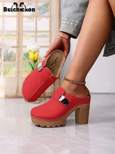New Arrival Summer Women's Super High Heel Mules, Toe-closed Platform Shoes, Chunky Heel Comfort Slip-on Footwear, Buckle Decor Fashion High Heel Sandals, Sexy Solid Color Plus Size Lightweight Women's Shoes