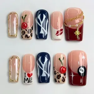 Nailed by Vibe - Cherry Leopard Street Press-On Nails, Red Lips, Gold Chain, 8 Ball Art, I Love Me Lettering, Star Sparkle, Urban Y2K Vibes, Handmade Custom Nail Art, Trendy Gifts for Her