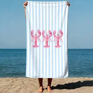 Pink lobsters arranged vertically, light blue and white striped background, cute cartoon art style. Sand-Free Beach Towel | Ultra-Light Microfiber | Quick-Dry, Compact for Travel