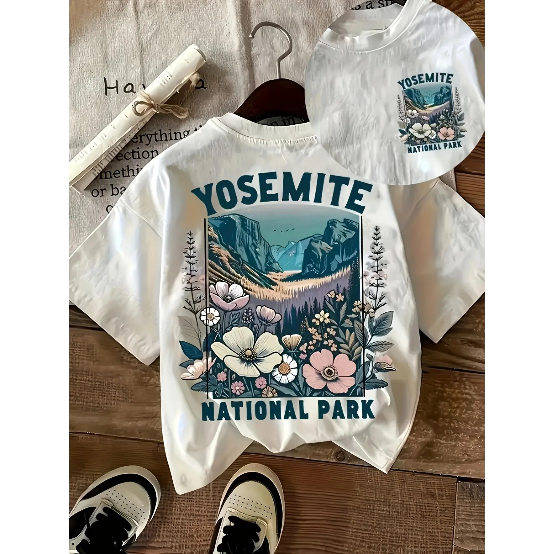 Vintage Graphic T-Shirt for Women with Floral Mountain Print, Casual Short Sleeve Top in Breathable Textured Cotton
