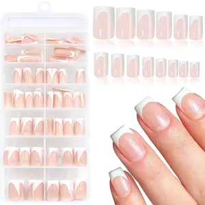 140Pcs Short Square Nude French Tip Press on Nails Etch X Pre-Primer Base Coat, Glossy Natural Reusable Easy False Nail Tips DIY Gift for Women, 14 Different Sizes, Nail Tips Art