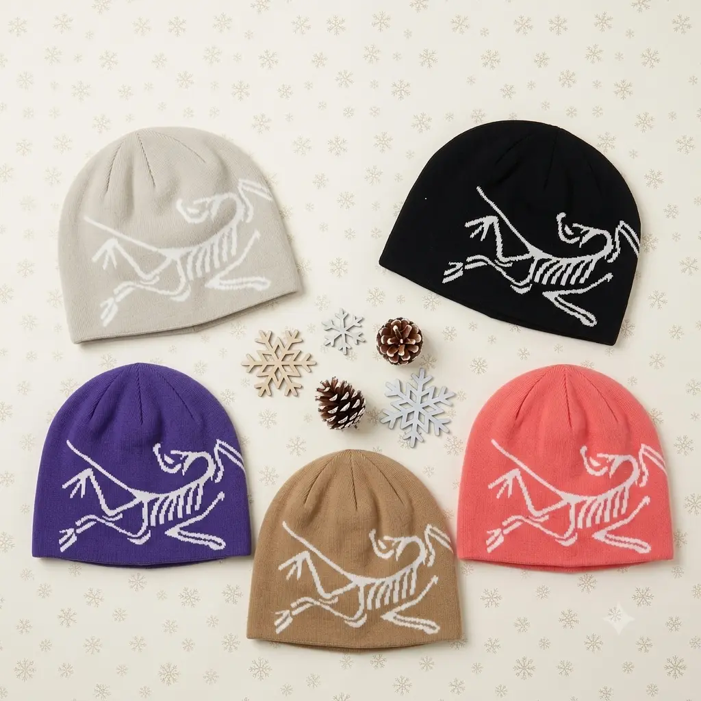 Arc'teryx Bird Skull Beanie Knit Winter Hat Warm Stretch Unisex Outdoor Hiking Ski Snowboard Streetwear Casual Fashion Cap Black Gray