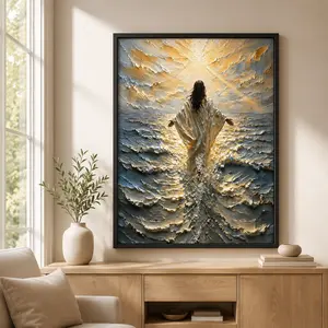 Jesus Walking on Water Framed Canvas Wall Art Print, Christian Spiritual Religious Wall Art with Divine Light, Ready-to-Hang Faith Decor for Living Room Bedroom Prayer Room, Jesus Wall Art, Room Wall Decor, Apt Decor, Framed Paintings, Canvas Prints