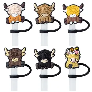 Cute Highland Cow Design Straw Cap, 6pcs Cartoon Straw Cover, Dustproof Straw Topper, Straw Protector for 30oz 40oz Tumbler Cup, Drinking Gadgets, Drink Protectors