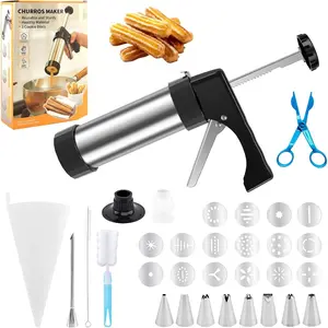 3-in-1 Churro Maker Machine, Stainless Steel Churro Press  with 16 Cookie Discs & 8 Icing Tips, Professional Churro Maker Kit for Filled Churros and DIY Pastry Baking (16- Set)