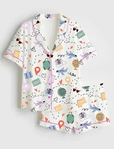 Women's Travel Anywhere Satin Pajama Set, Short Sleeve Vacation Sleepwear, Luxury Travel Gift, Airplane Mode PJs, Wanderlust Lounge Set