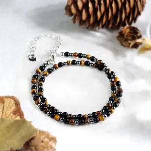 Natural Obsidian Tiger Eye Hematite 3mm Round Beads Choker Healing Charka Crystal Dainty Minimalist Men Women Triple Protection Necklace Gift