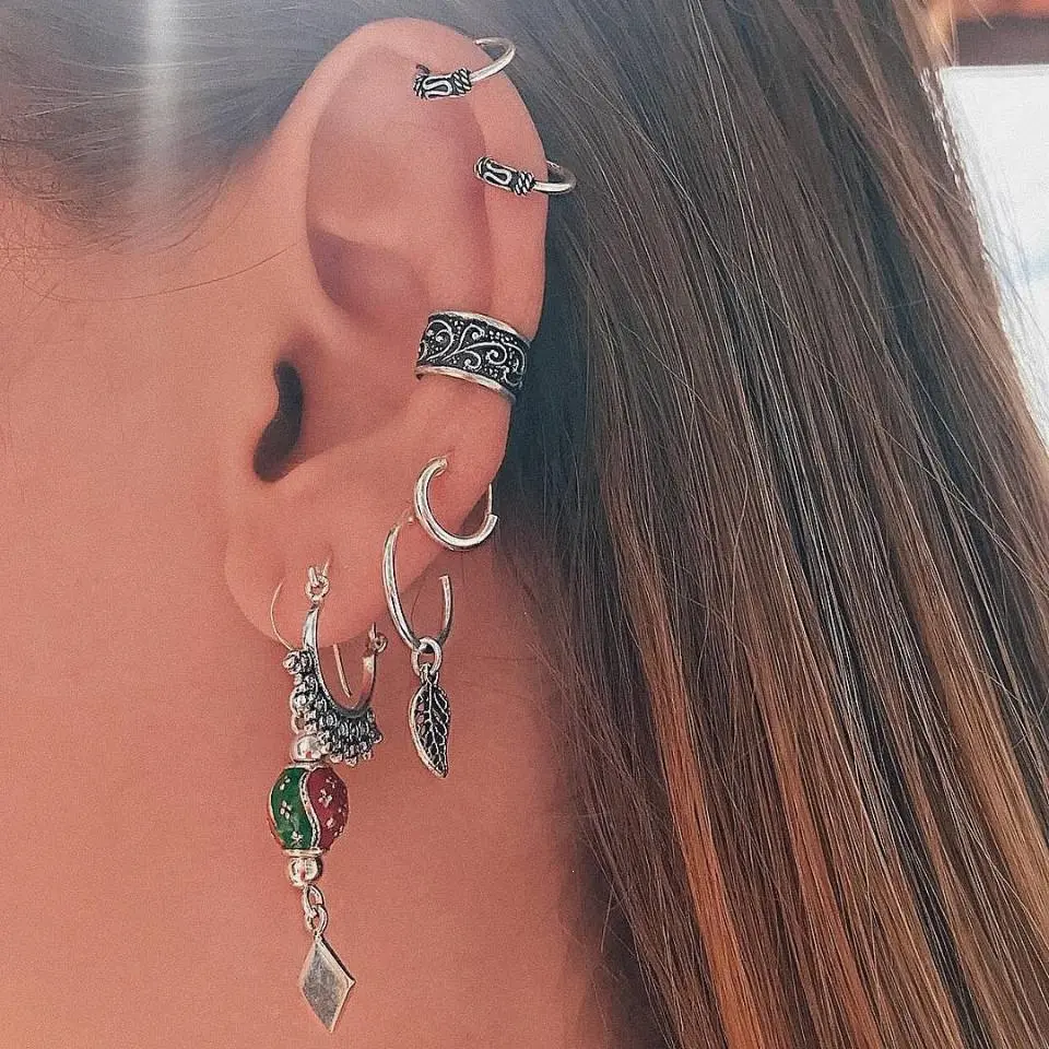 Earrings, Crown, Leaf, Small Lantern, Geometric Ear Clips, Stud Earrings 8-Piece Set