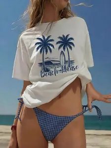 Women's Beach Please Graphic Tee | Coconut Tree Surf Print Tropical Graphic T-shirt | 2026 Summer Vacation Oversized Soft Polyester Top | Weekend Casual Tee & Gift For Her | Womenswear