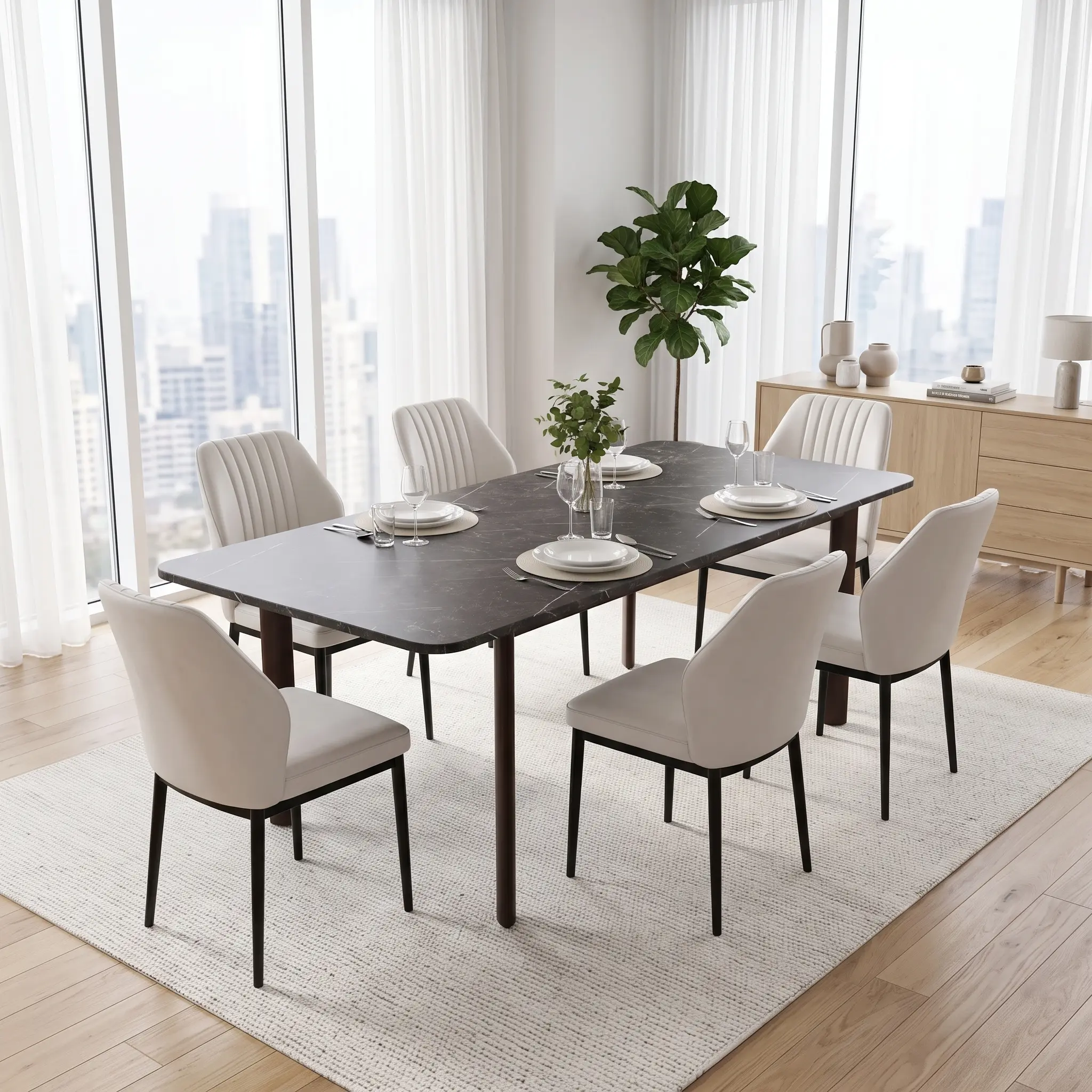 Modern Luxury Extendable Dining Table Set for Homeowners - Dark Grey Faux Marble Finish with Safe Rounded Corners & 6 Ergonomic PU Leather Chairs, Heat-Resistant Dining Set for Family Gatherings