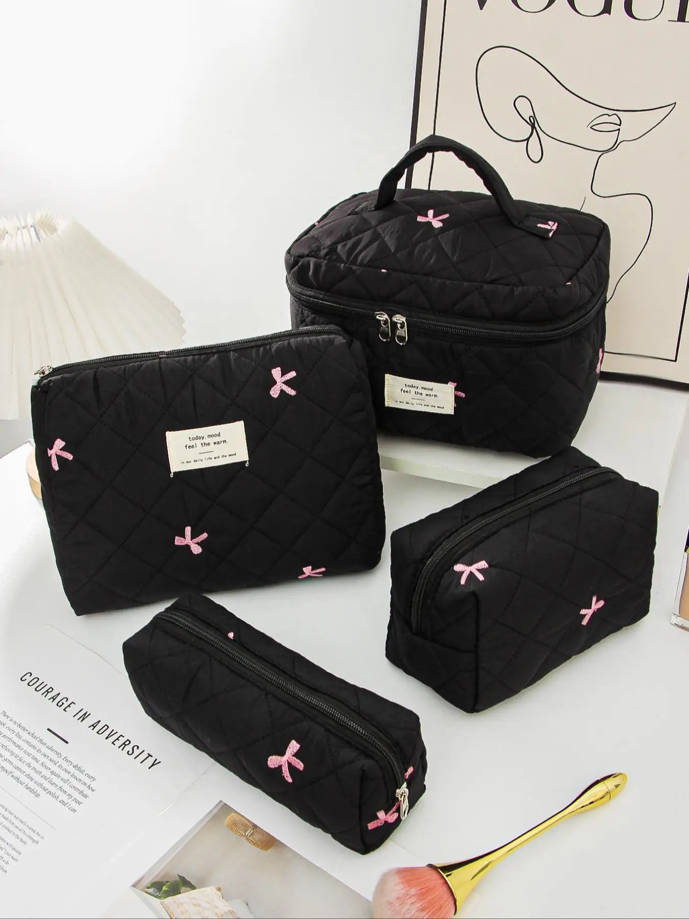 Women's Bow Embroidered Quilted Makeup Bag Set, Large Capacity Cosmetic Bag with Handle, Travel Toiletry Bag, Mini Travel Makeup Case Pouch